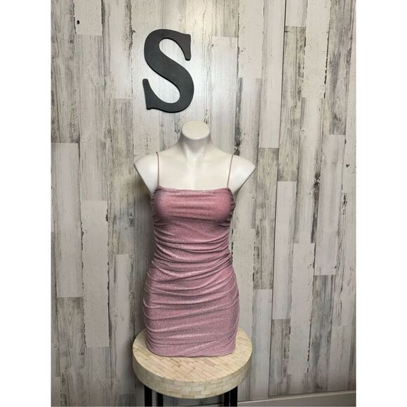 Pink Backless Ruched Glitter Bodycon Dress Size Small - Picture 6 of 8